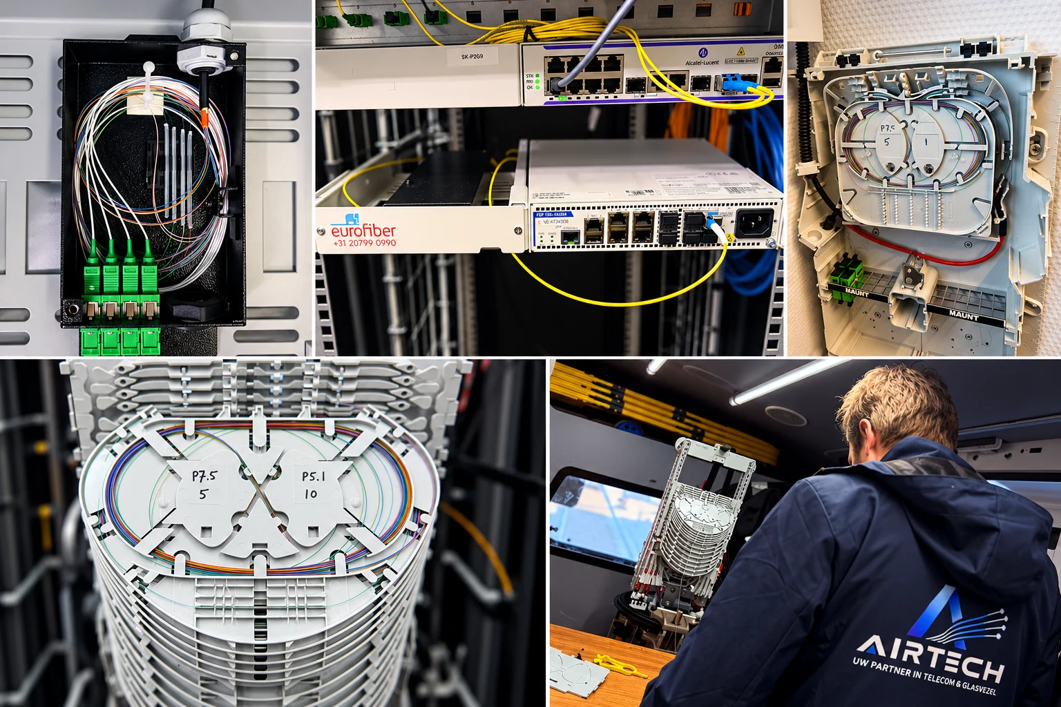 Collage van glasvezelwerkzaamheden door Airtech